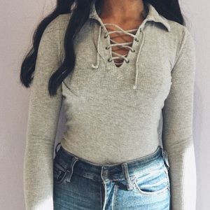 Hollister Gray Ribbed Lace Up Collared Sweater